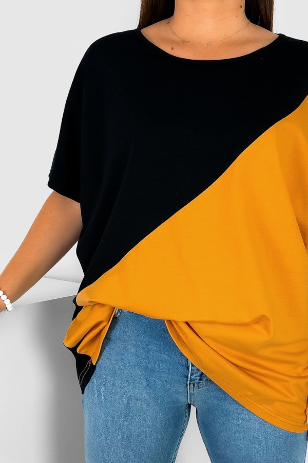 Bluzka damska T-shirt plus size nietoperz łączone kolory czarny pomarańczowy Duo 1