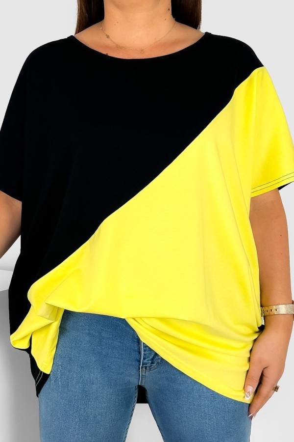 Bluzka damska T-shirt plus size nietoperz łączone kolory czarny żółty Duo