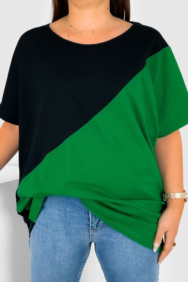 Bluzka damska T-shirt plus size nietoperz łączone kolory czarny zielony Duo