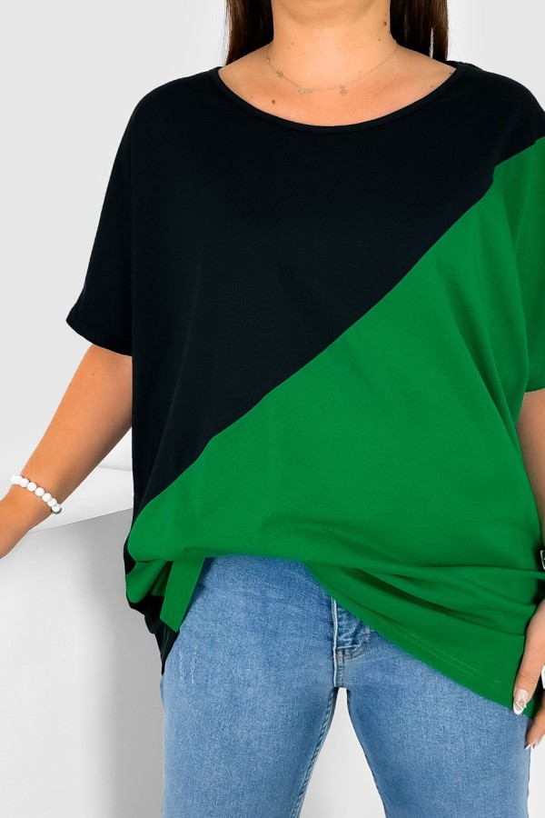 Bluzka damska T-shirt plus size nietoperz łączone kolory czarny zielony Duo 1