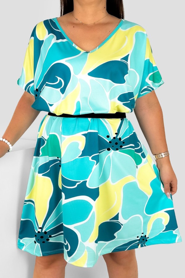 Sukienka damska plus size nietoperz multikolor wzór cytrynowo morskie kwiaty Helia