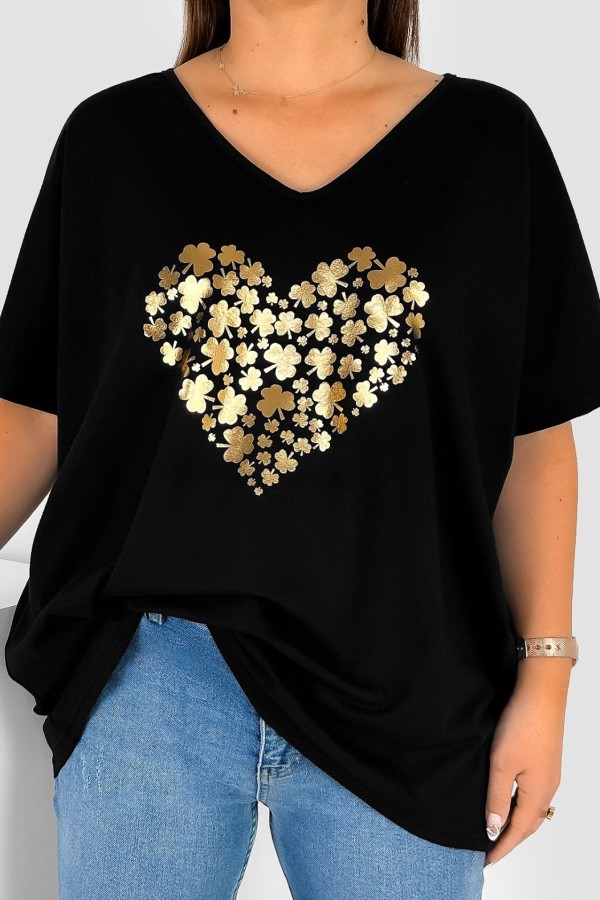 Bluzka damska T-shirt plus size w kolorze czarnym złoty nadruk serce koniczynki