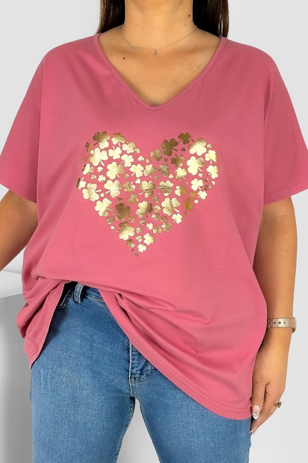 Bluzka damska T-shirt plus size w kolorze różowym złoty nadruk serce koniczynki