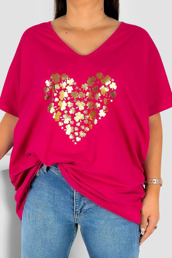 Bluzka damska T-shirt plus size w kolorze fuksji złoty nadruk serce koniczynki