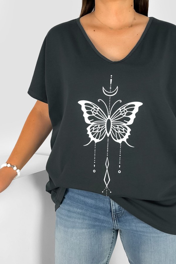 Bluzka damska T-shirt plus size w kolorze grafitowym nadruk motylek księżyc 1