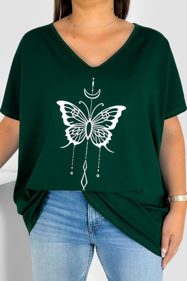 Bluzka damska T-shirt plus size w kolorze butelkowym nadruk motylek księżyc