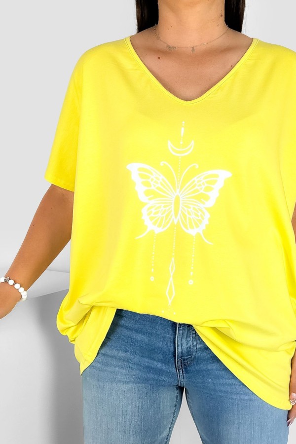 Bluzka damska T-shirt plus size w kolorze żółtym nadruk motylek księżyc 1