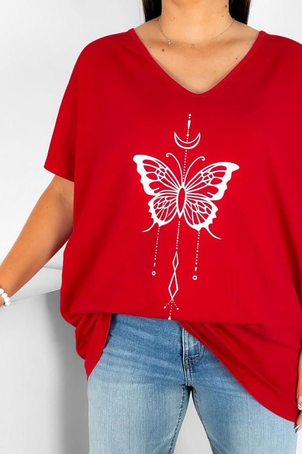 Bluzka damska T-shirt plus size w kolorze czerwonym nadruk motylek księżyc 1
