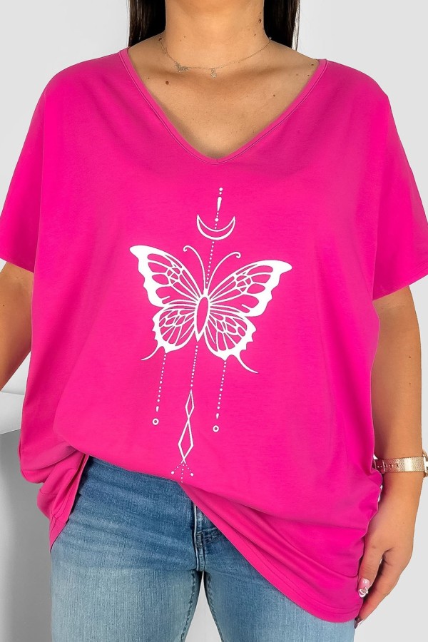 Bluzka damska T-shirt plus size w kolorze różowym nadruk motylek księżyc