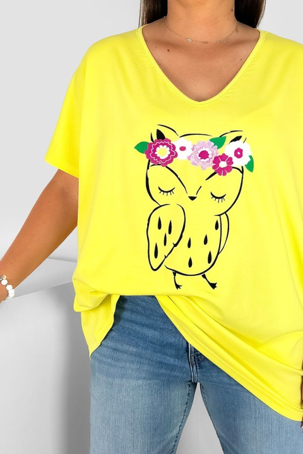 Bluzka damska T-shirt plus size w kolorze żółtym nadruk sówka wianek 1