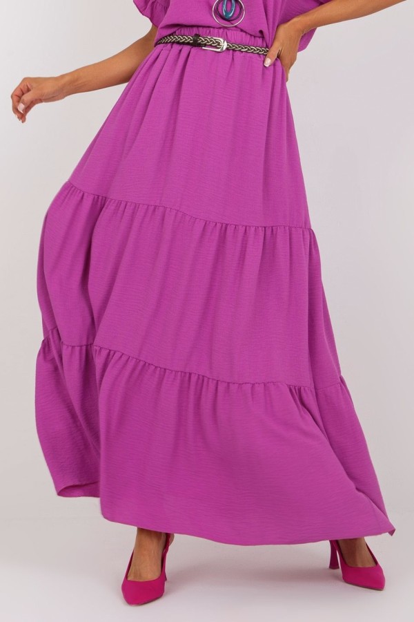 Długa spódnica z falbanami w kolorze fioletowym z plecionym paskiem Anabel