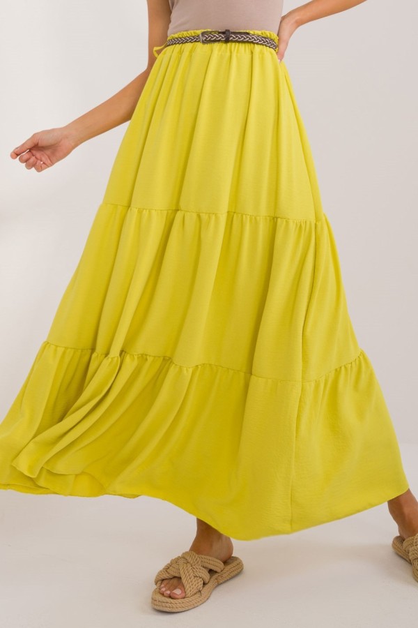 Długa spódnica z falbanami w kolorze limonkowym z plecionym paskiem Anabel