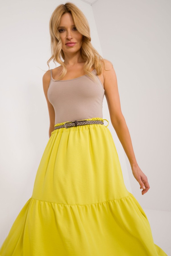 Długa spódnica z falbanami w kolorze limonkowym z plecionym paskiem Anabel 1