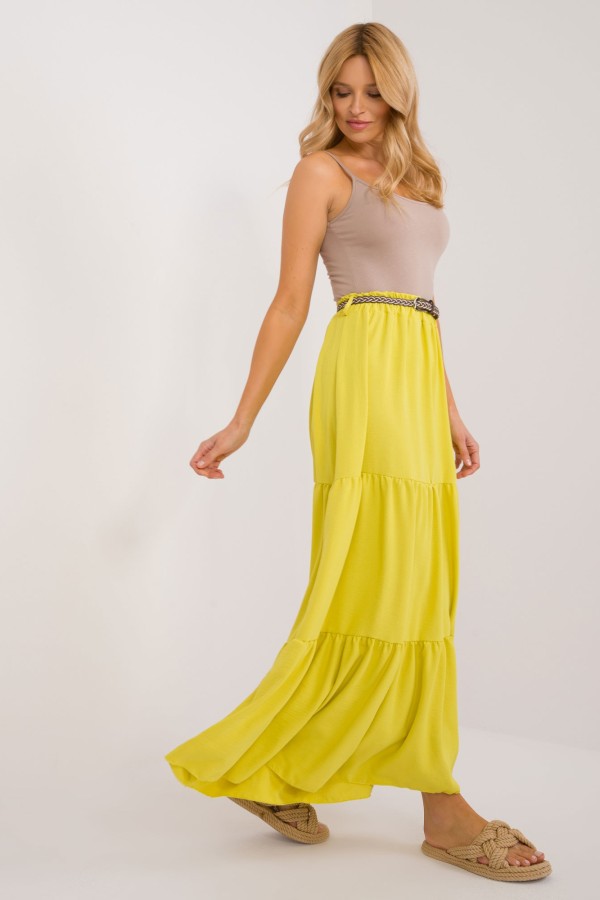 Długa spódnica z falbanami w kolorze limonkowym z plecionym paskiem Anabel 2