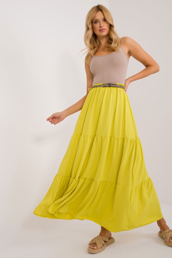 Długa spódnica z falbanami w kolorze limonkowym z plecionym paskiem Anabel 3
