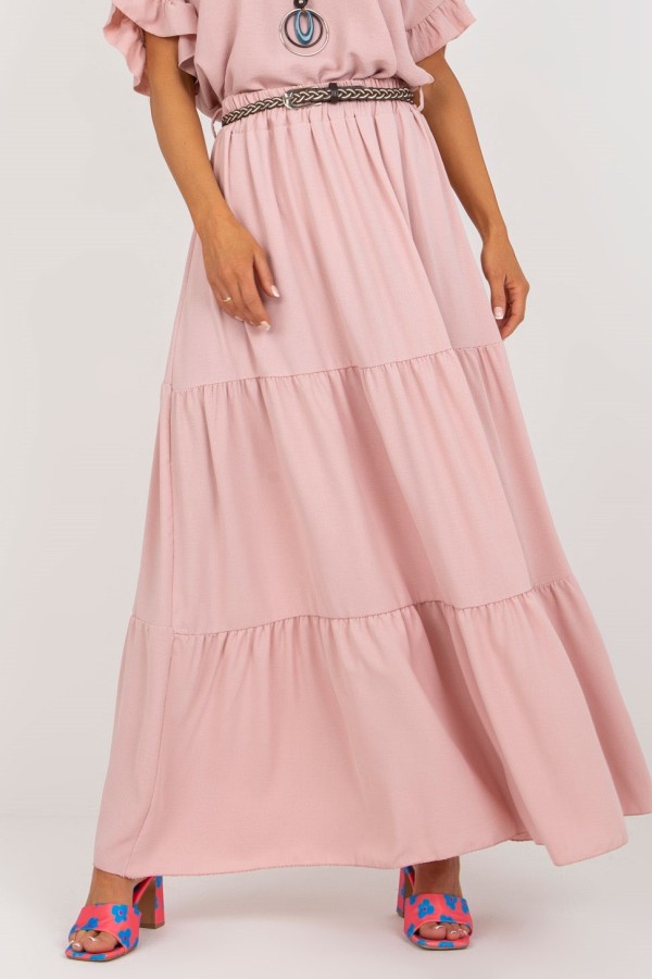 Długa spódnica z falbanami w kolorze jasnego różu z plecionym paskiem Anabel