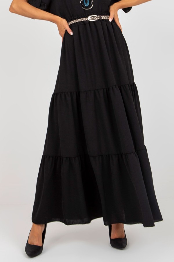 Długa spódnica z falbanami w kolorze czarnym z plecionym paskiem Anabel