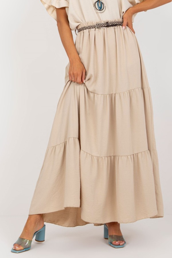 Długa spódnica z falbanami w kolorze beżowym z plecionym paskiem Anabel