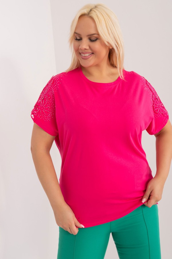 Bluzka damska plus size w kolorze ciemno różowym nietoperz haftowana aplikacja na rękawach dżety 4
