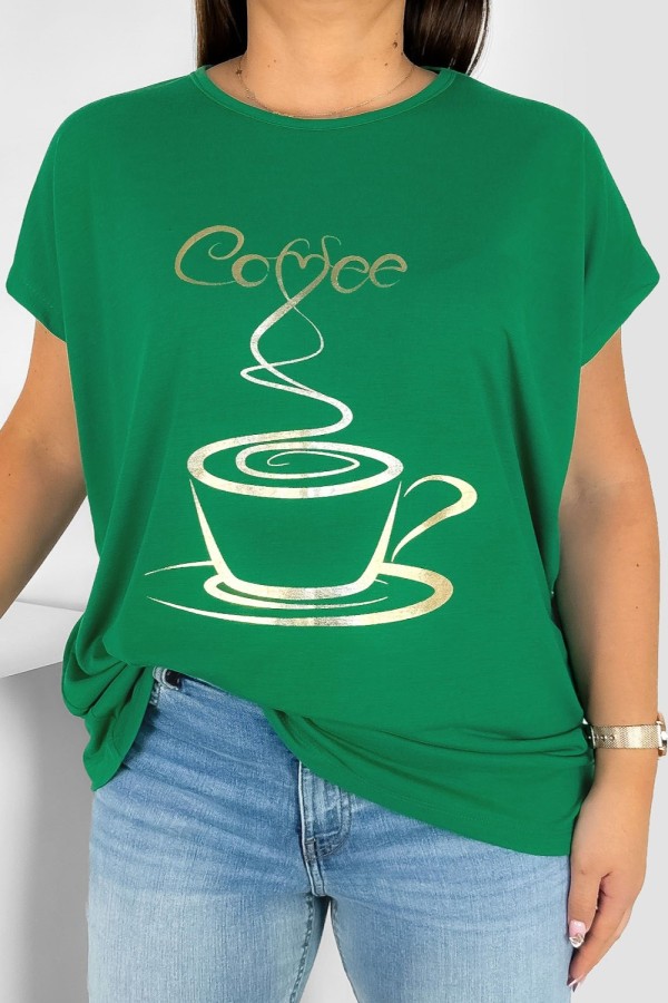 Nietoperz T-shirt damski plus size w kolorze zielonym złoty print coffee cup