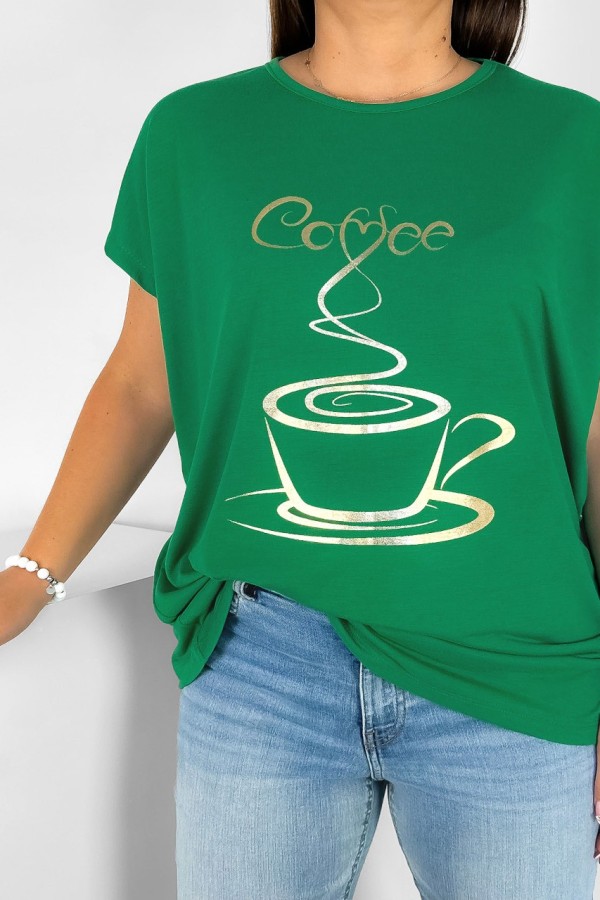 Nietoperz T-shirt damski plus size w kolorze zielonym złoty print coffee cup 1