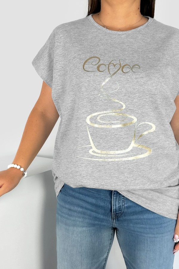 Nietoperz T-shirt damski plus size w kolorze szary melanż złoty print coffee cup 1