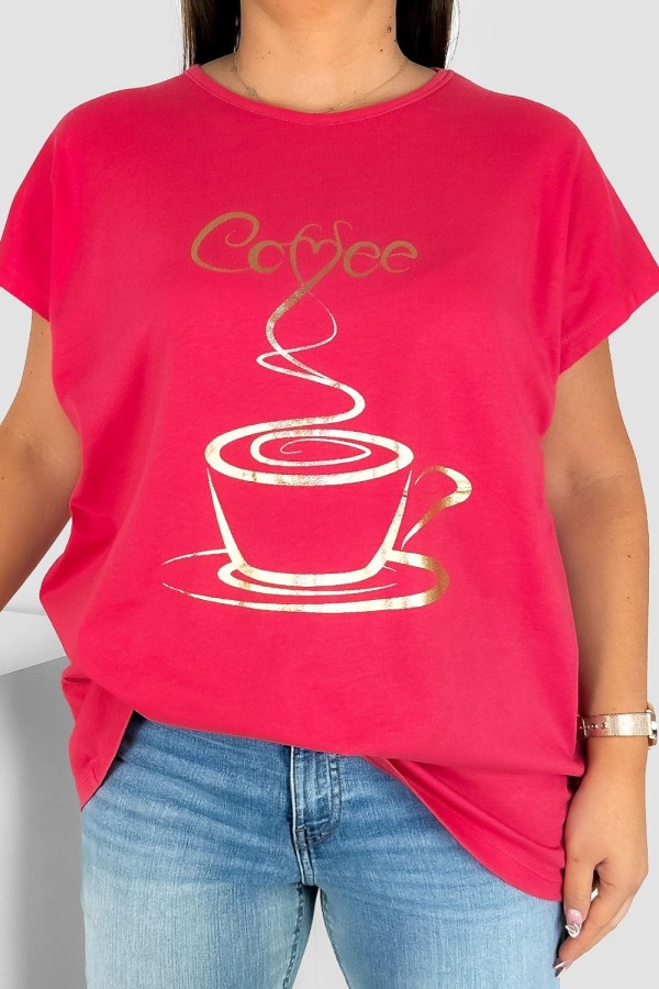 Nietoperz T-shirt damski plus size w kolorze malinowym złoty print coffee cup