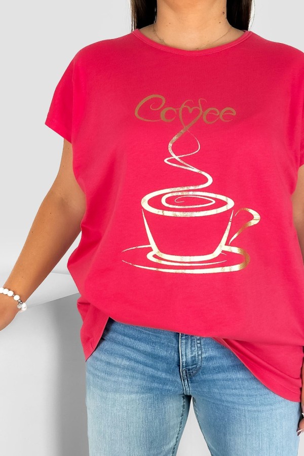 Nietoperz T-shirt damski plus size w kolorze malinowym złoty print coffee cup 1