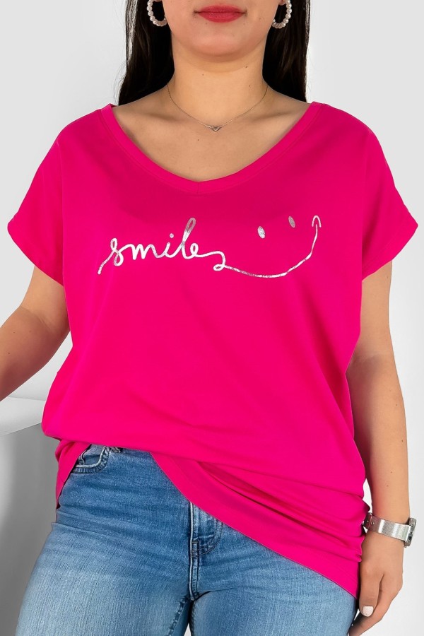 T-shirt damski plus size nietoperz dekolt w serek V-neck różowy smile Niky