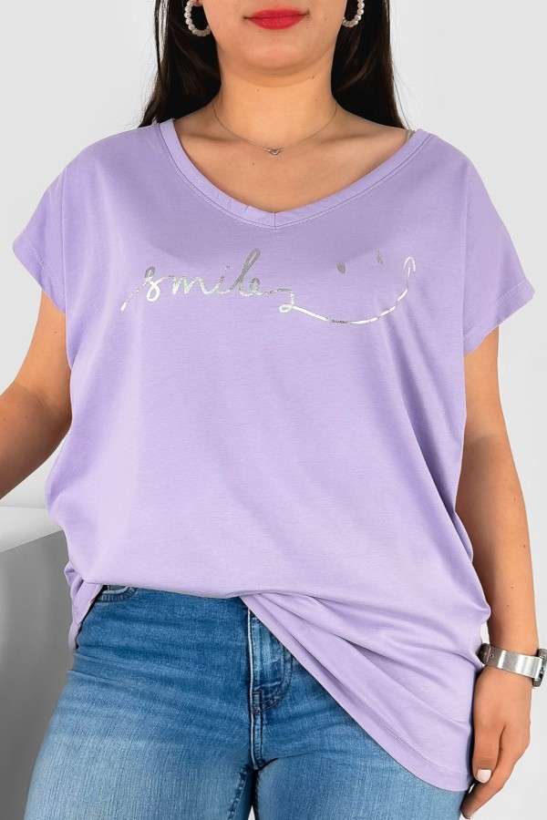 T-shirt damski plus size nietoperz dekolt w serek V-neck lila fiolet smile Niky