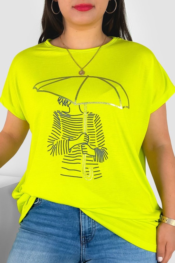 T-shirt damski plus size nietoperz w kolorze limonkowym kobieta parasol Meggi