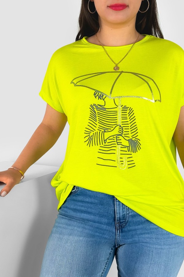 T-shirt damski plus size nietoperz w kolorze limonkowym kobieta parasol Meggi 1