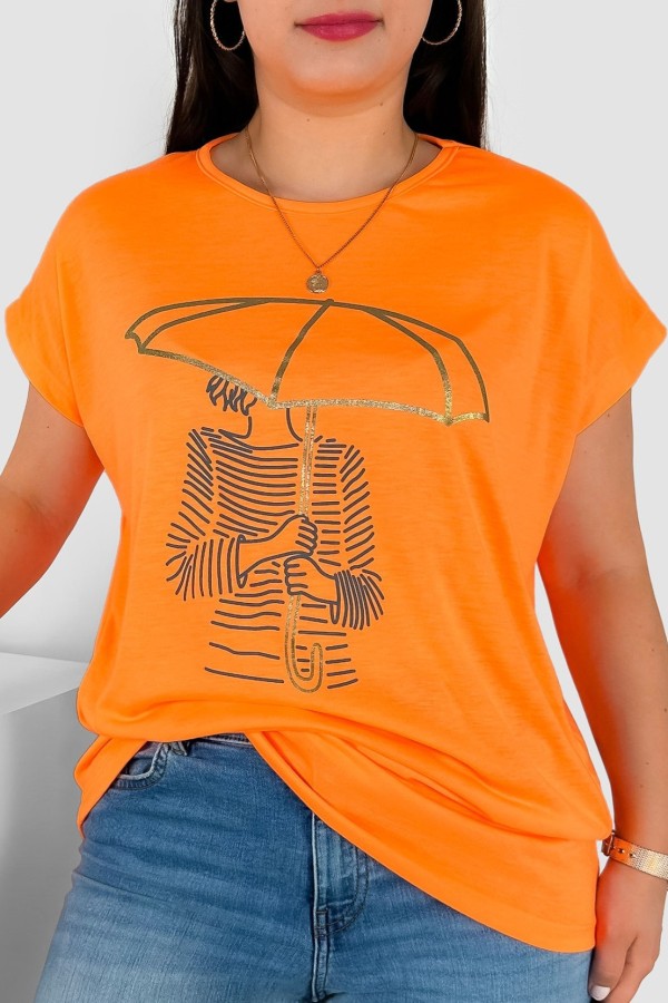 T-shirt damski plus size nietoperz w kolorze fluo pomarańczowym kobieta parasol Meggi