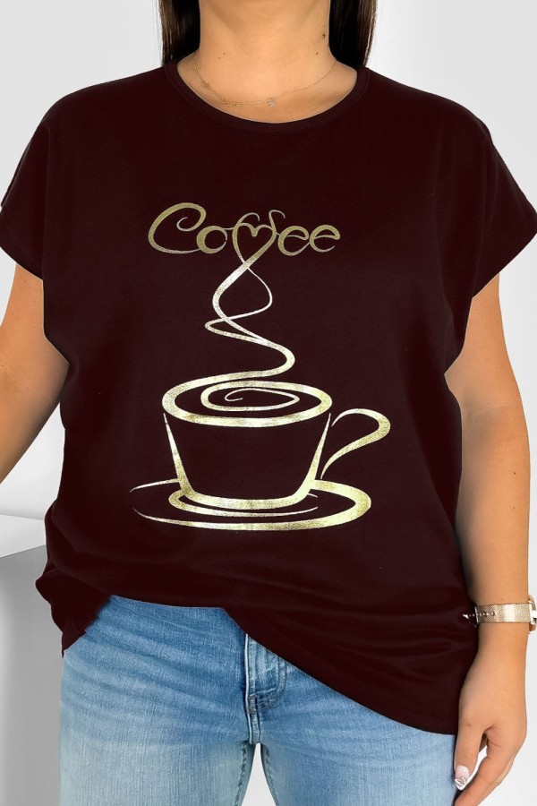 Nietoperz T-shirt damski plus size w kolorze gorzkiej czekolady złoty print coffee cup