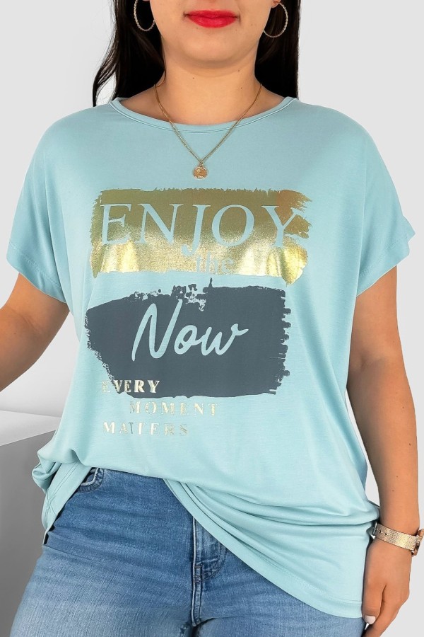 T-shirt damski plus size nietoperz w kolorze cyjanowym napisy Enjoy Meggi