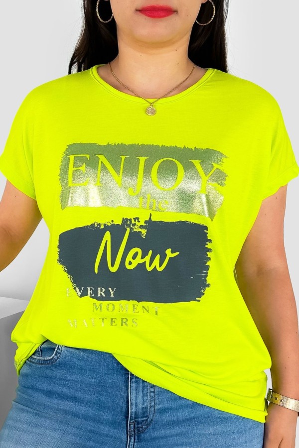 T-shirt damski plus size nietoperz w kolorze limonkowym napisy Enjoy Meggi