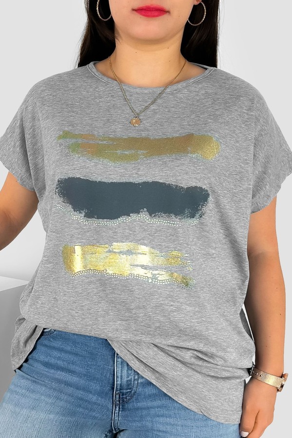 T-shirt damski plus size nietoperz w kolorze szarego melanżu nadruk złoty pasy Selmi