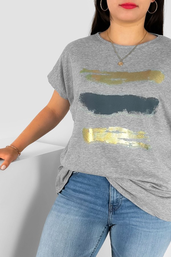 T-shirt damski plus size nietoperz w kolorze szarego melanżu nadruk złoty pasy Selmi 1
