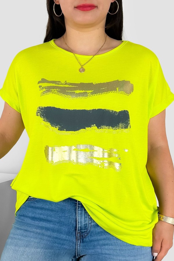 T-shirt damski plus size nietoperz w kolorze limonkowym nadruk złoty pasy Selmi