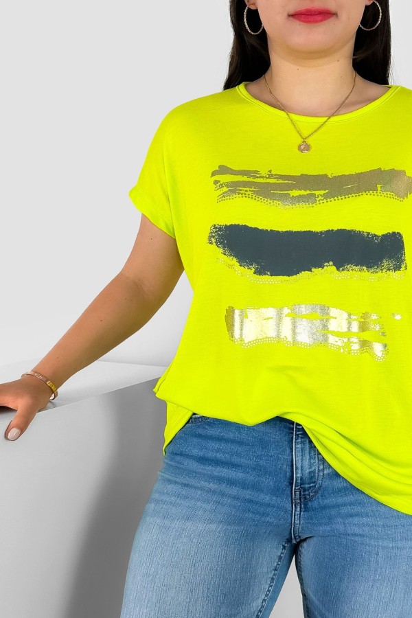 T-shirt damski plus size nietoperz w kolorze limonkowym nadruk złoty pasy Selmi 1