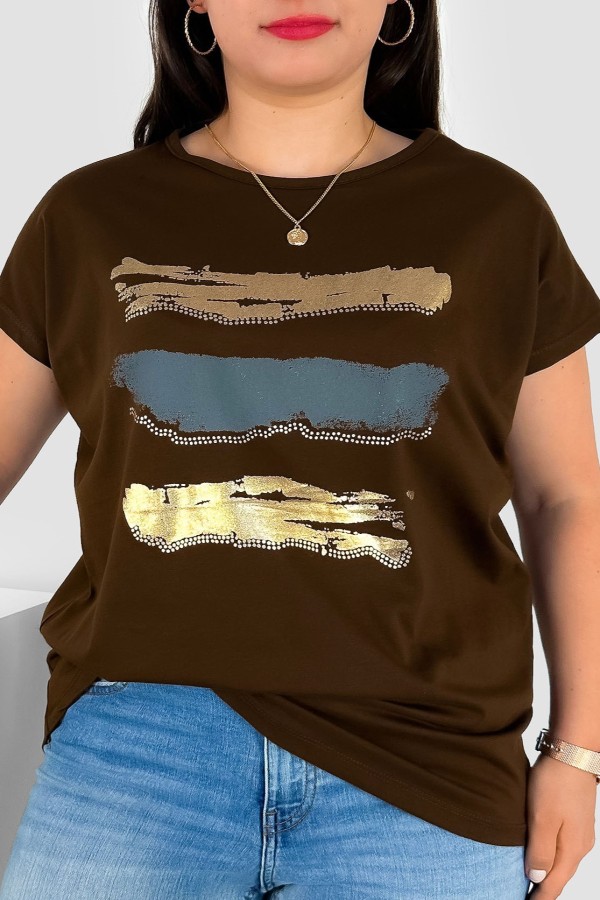 T-shirt damski plus size nietoperz w kolorze brązowym nadruk złoty pasy Selmi