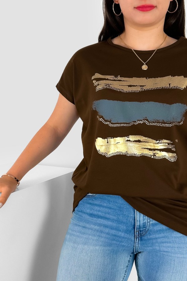 T-shirt damski plus size nietoperz w kolorze brązowym nadruk złoty pasy Selmi 1