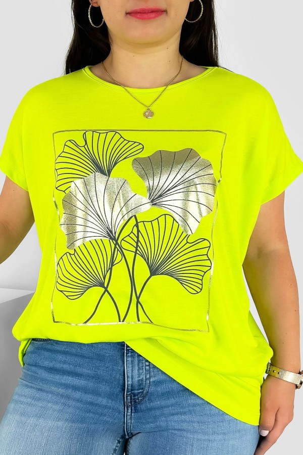 T-shirt damski plus size nietoperz w kolorze limonkowym liście bloom Meggi