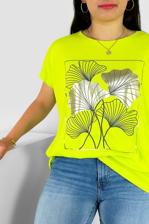 T-shirt damski plus size nietoperz w kolorze limonkowym liście bloom Meggi 1