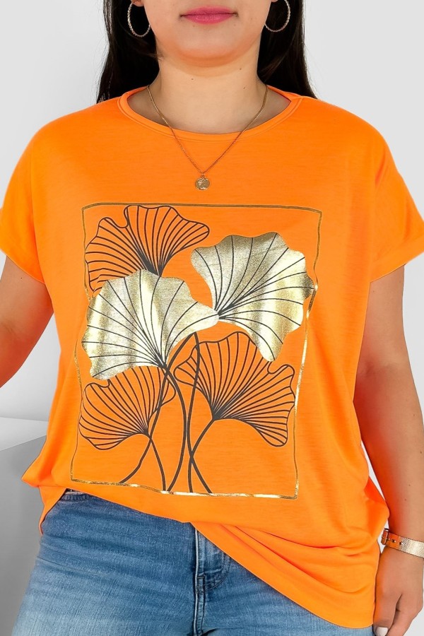 T-shirt damski plus size nietoperz w kolorze fluo pomarańczowym liście bloom Meggi