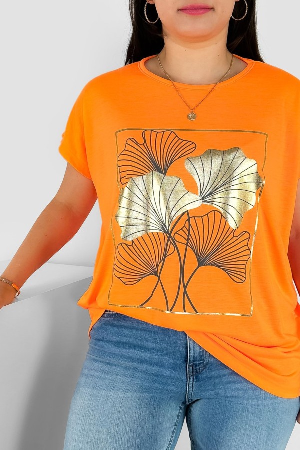 T-shirt damski plus size nietoperz w kolorze fluo pomarańczowym liście bloom Meggi 1