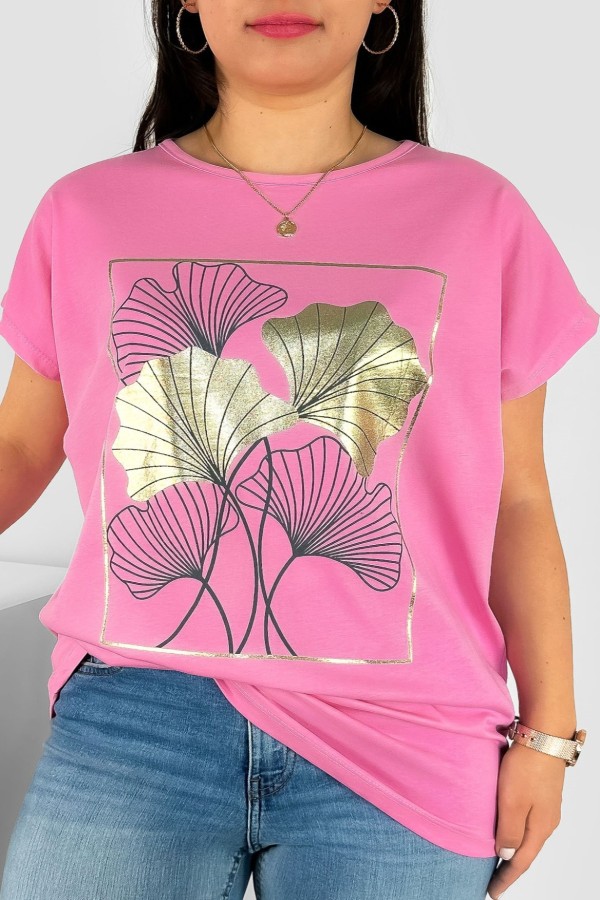 T-shirt damski plus size nietoperz w kolorze jasno różowym liście bloom Meggi