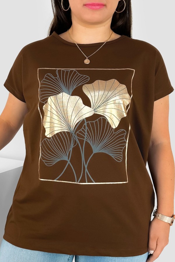 T-shirt damski plus size nietoperz w kolorze brązowym liście bloom Meggi