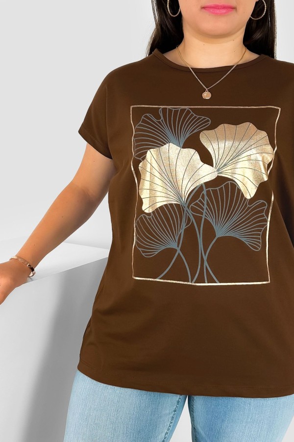 T-shirt damski plus size nietoperz w kolorze brązowym liście bloom Meggi 1