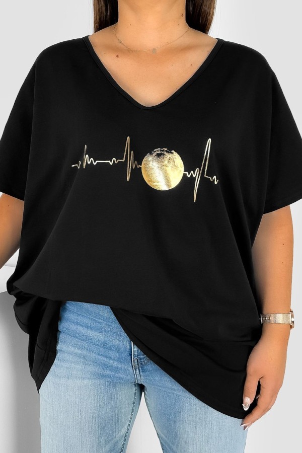 Bluzka damska T-shirt plus size w kolorze czarnym złoty nadruk linia życia księżyc